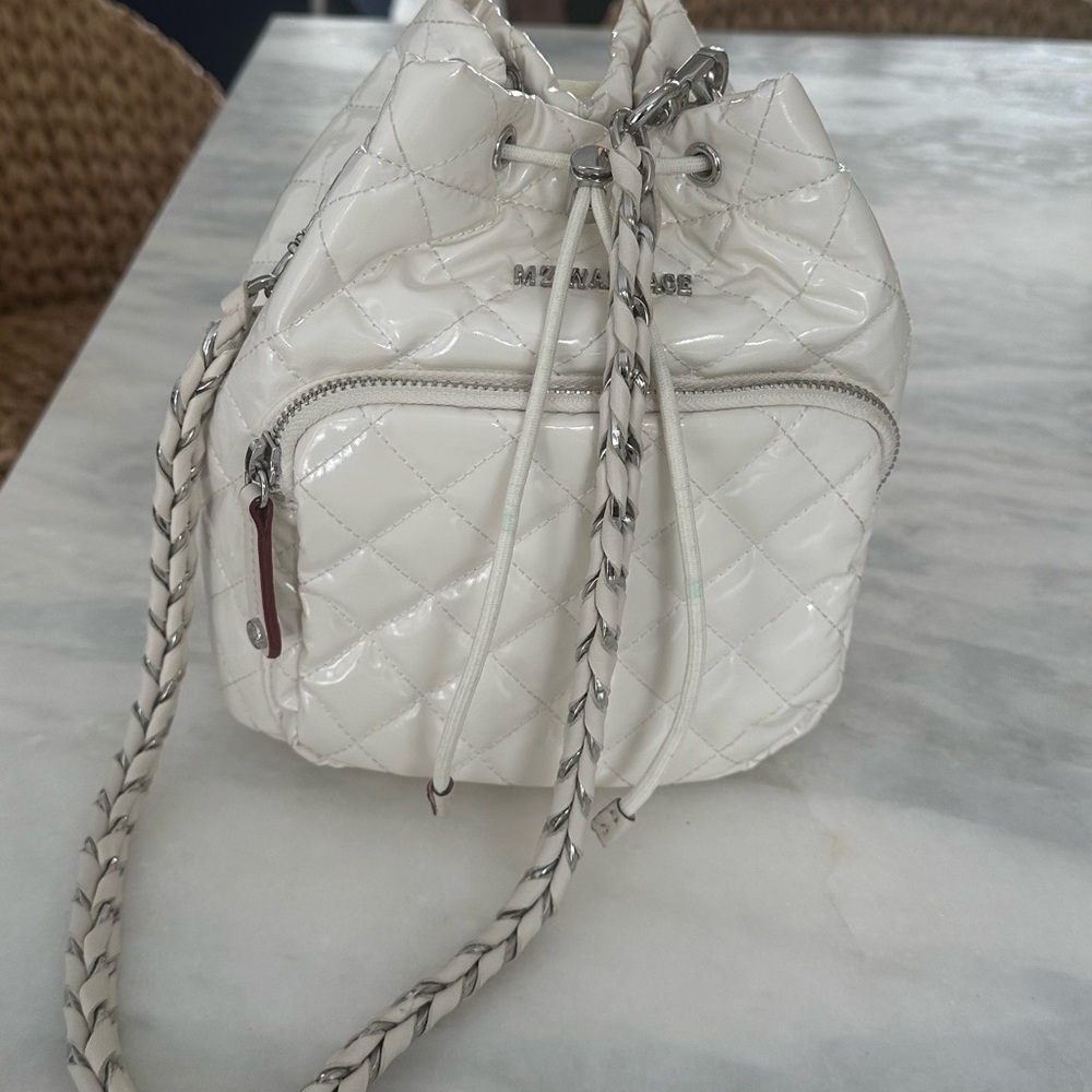 MZ Wallace Lacquer Crosby Bucket Bag Drawstring lacquer Pearl White Metallic - Picture 9 of 13